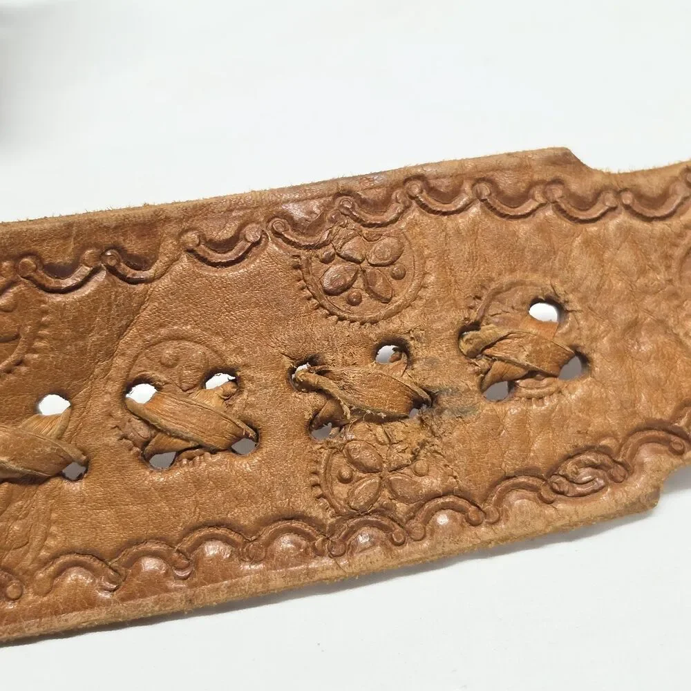Vintage SEBASTIAN SA ELCHE Hand Tooled Cognac Brown Leather Studded Belt Spain